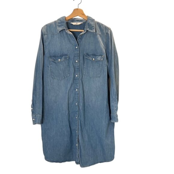 & Denim Western Shirt Dress with Pearl Snap Buttons and Pockets Size Large - Picture 1 of 8